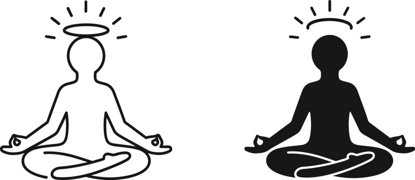 Lotus position meditation silhouette icon set black and white
