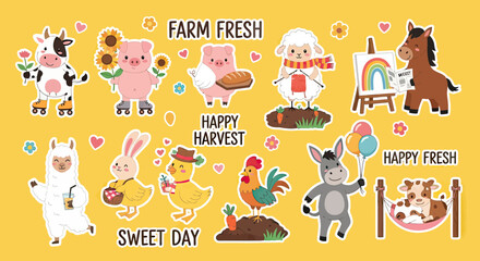 Fototapeta premium Cute Farm Animal Sticker Set with Kawaii Characters Including Cow, Pig, Sheep, and Horse in Fun Activities