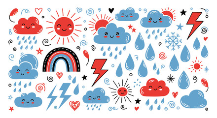 Fototapeta premium Cute Kawaii Weather Doodle Set with Smiling Sun Clouds Rainbow and Rain Icons Vector Illustration