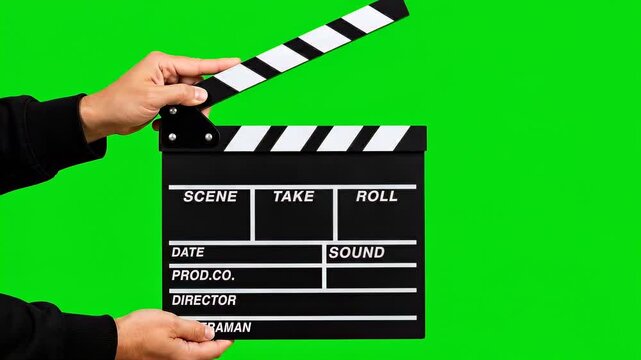 Filmmaker uses clapperboard to start production on green screen background