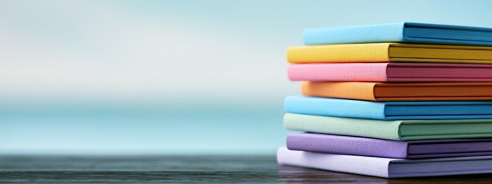 A neat pile of brightly colored notebook covers on a blue blurry background.