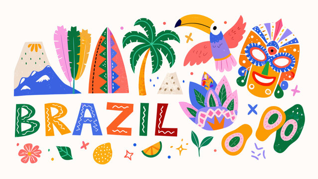 colorful brazilian themed illustration with tropical elements feathers masks and the word brazil