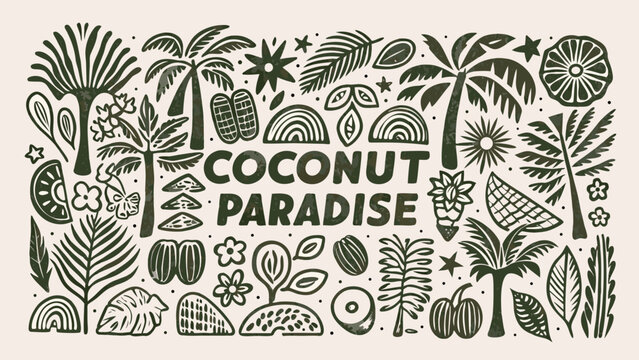 tropical botanical illustration with coconuts and palm leaves in a hand drawn style