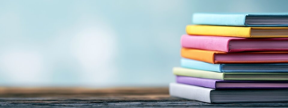 Stacked colorful diaries or planners on wooden desk with soft light background.
