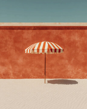 Minimalist summer composition with a red and white striped beach umbrella standing on white sand against a textured terracotta wall under a clear blue sky.