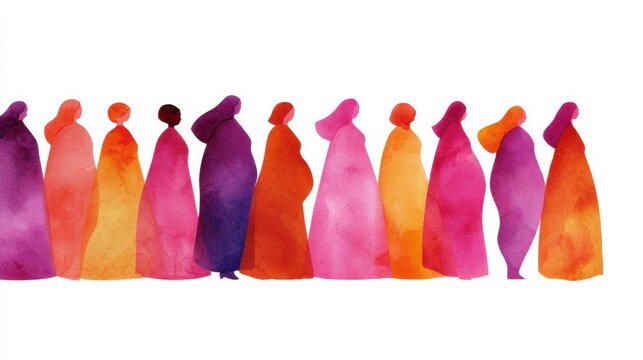 Strong female figures of varying body types stand together, showcasing empowerment and body positivity within a warm color palette.
