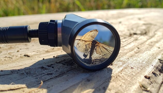 Handheld microscope captures magnified insect wing detail outdoors