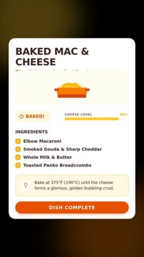 Vertical user interface animation of a floating recipe card. Cheeseburger application layout smoothly sliding and fading upward. Ingredient chips popping in on a transparent background
