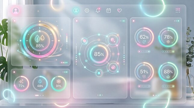 Futuristic skin analysis dashboard with glowing holographic interface, displaying various skin health metrics, hydration, and environmental factors in modern, high tech setting