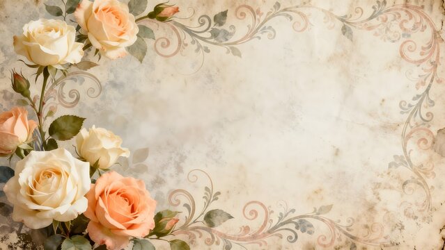 Floral arrangement with roses on vintage paper