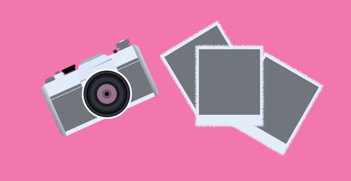 Gray camera and polaroid photos on pink background Vector