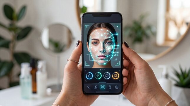 Facial recognition technology on smartphone screen, woman holding mobile device for biometric authentication, modern security, digital interface, home background