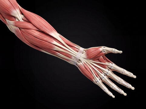 Human forearm and hand anatomy: detailed view of superficial and deep muscles, tendons, ligaments, and skeletal structure on black background.