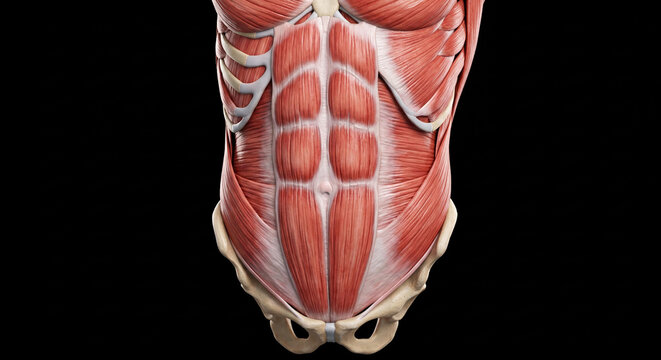 Human abdominal muscles anatomy showing rectus abdominis, external obliques, internal obliques, transverse abdominis, ribs, and pelvis on black background.