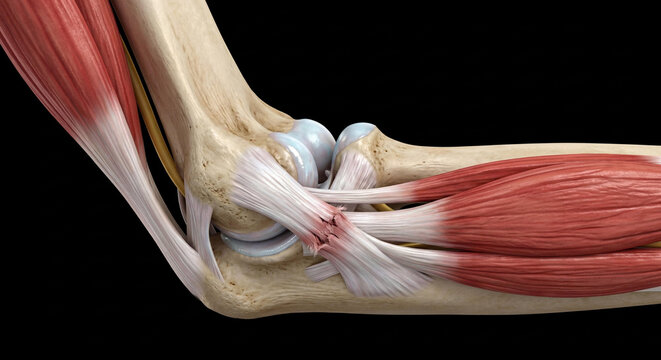 Elbow joint anatomy with ruptured ulnar collateral ligament (UCL) showing bones, muscles, cartilage, and nerves on black background.