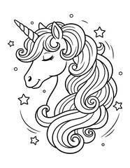 Unicorn profile portrait with a beautiful wavy mane and shining stars for a cute children coloring page © Crafter
