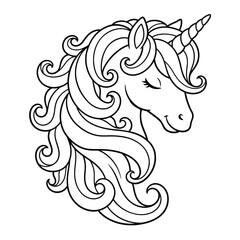 Unicorn profile portrait with a beautiful flowing mane for a clean printable children coloring page © Crafter