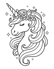 Unicorn profile portrait wearing a beautiful flower crown with stars for a kids coloring page © Crafter