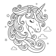 Unicorn profile portrait with a beautiful wavy mane and fluffy clouds for a cute children coloring page © Crafter