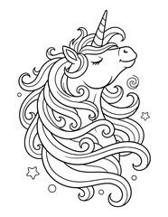Unicorn profile portrait with a beautiful flowing curly mane and stars for a decorative children coloring page © Crafter