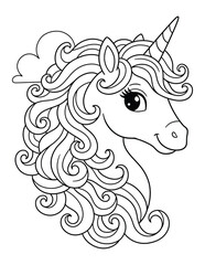 Unicorn head illustration with a beautiful wavy curly mane and a large fluffy cloud behind for a cute children coloring page © Crafter