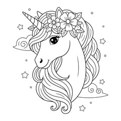 Unicorn profile portrait wearing a pretty blossom headpiece with stars and clouds for a kids coloring page © Crafter