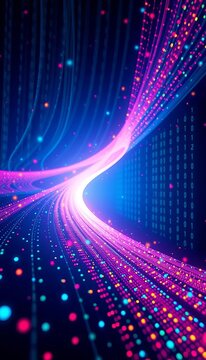 Abstract visualization of binary code forming a flowing stream of light, representing digital data transmission,  lines,  cyber