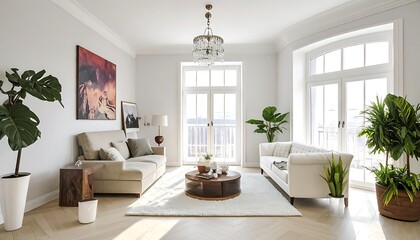 Fototapeta premium A modern living room with white walls and large windows