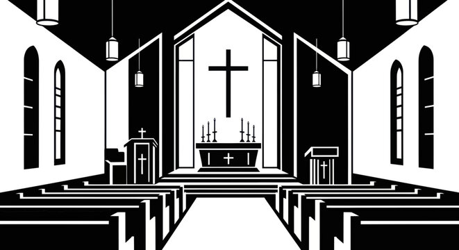 Church Interior View, Altar, Pulpit, Pews, Cross, Worship Space, Black and White