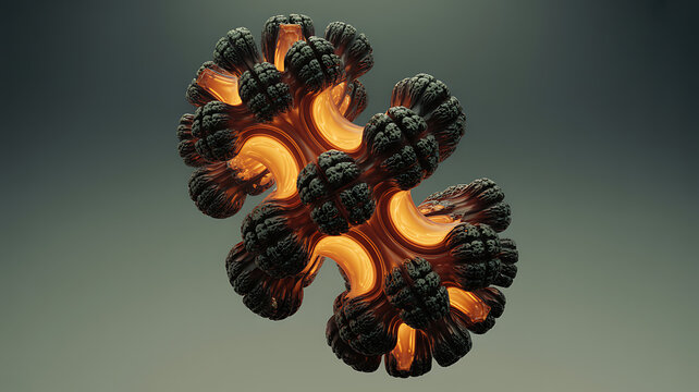 3D rendered fractal object with warm amber inner glow on neutral gray background. Complex organic mandelbulb structure with dark textured surface. Ideal for sci-fi and tech design. 