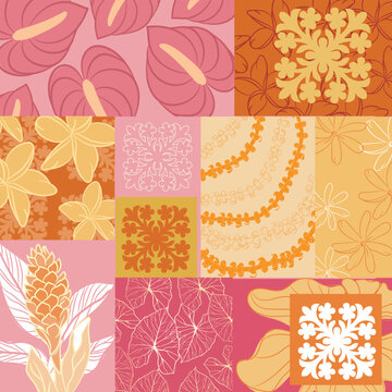 Hawaiian Tropical Seamless Pattern Collection Vector Illustration, Floral and Botanical Hawaiian Quilt Design Set