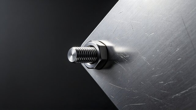 Brushed titanium metal sheet with single industrial bolt detail