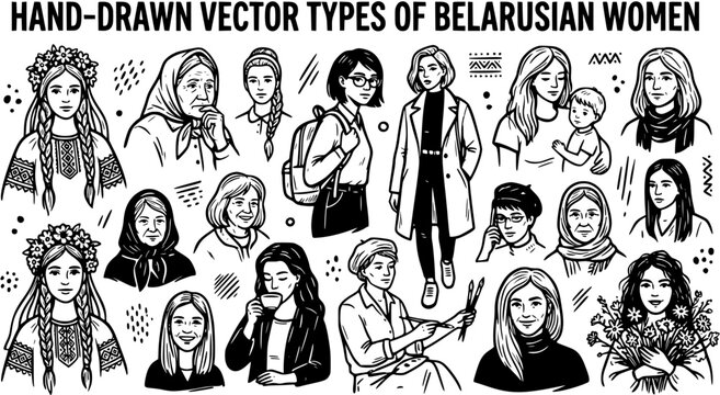 Hand-drawn Vector Types of Belarusian Women Portraits Collection: Diverse Ages, Traditional and Modern Lifestyles in Black and White Sketch Art