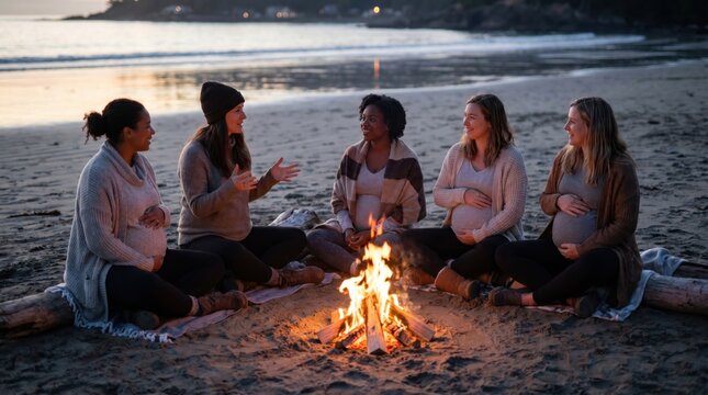 Diverse group of pregnant women bonding around a warm campfire on a coastal beach at twilight, sharing stories in cozy autumn sweaters with glowing firelight illuminating their smiles.