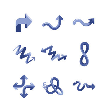 Collection of various blue cartoon arrows pointing in different directions and shapes.