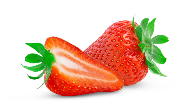Strawberries isolate. Strawberries with leaf isolated. Whole strawberry and half of strawberry on white. 