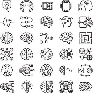 tDCS Brain Stimulation Line Icons Set &ndash; 30 Minimal Black Outline Vector Icons for Neurotechnology, Cognitive Enhancement & Brain Wellness