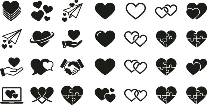 Comprehensive black heart icon collection featuring minimalist romance symbols, puzzle hearts, interlocking loops, and love conceptual designs on white background