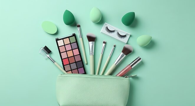 Professional Makeup Essentials Kit with Brushes, Eyeshadow Palette, and Sponges in Mint Pouch