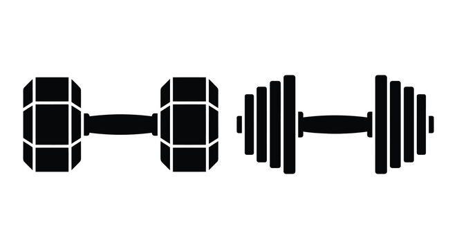 Black dumbbell silhouettes in various perspectives on a white background silhouette