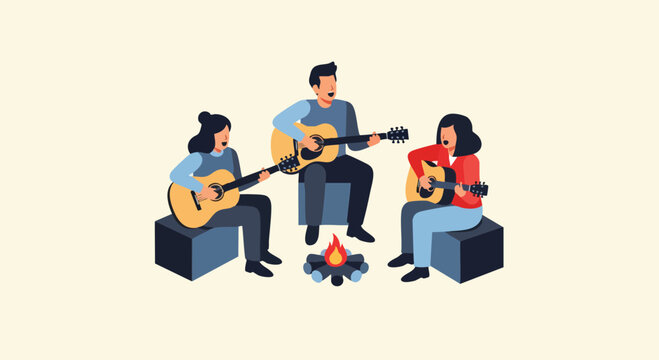 Friends Playing Guitars and Singing Around a Campfire Vector