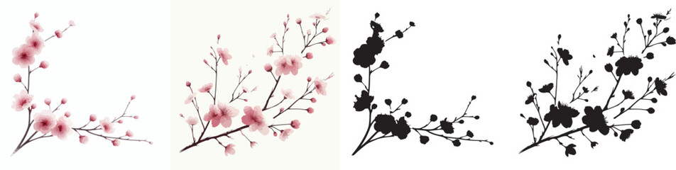 Minimalist Japanese Cherry Blossom Vector and Silhouette Set on White Background © Gusti Aji