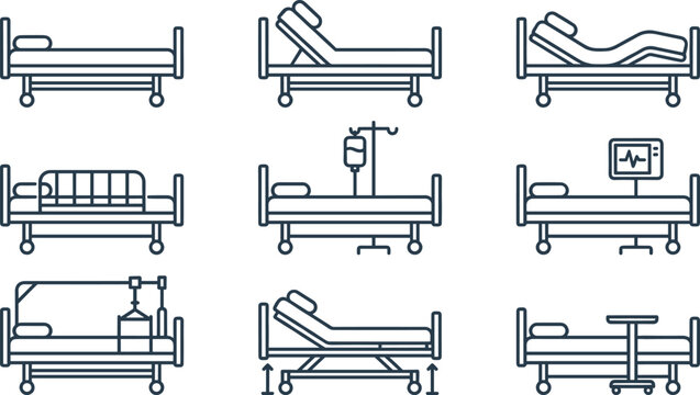 Hospital Bed and Patient Care Icon Collection with Adjustable Medical Beds, Monitoring Equipment, and Healthcare Vector Elements Set