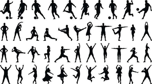 Large bundle of black vector silhouettes featuring soccer players dancing people stretching and fitness workout training poses