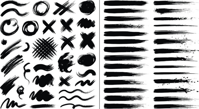 Large collection of black paint brush strokes crosses lines circles and grunge textures for artistic graphic design elements