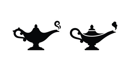 Two black silhouette images of a magic lamp with smoke decorative design silhouette © Mama