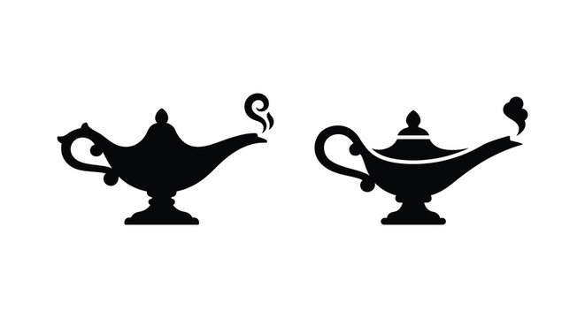 Two black silhouette images of a magic lamp with smoke decorative design silhouette