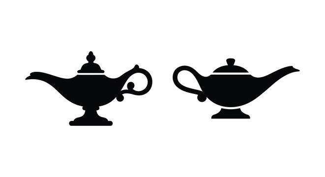 Two black silhouette images of magic lamps on a white background decorative genie bottle silhouette