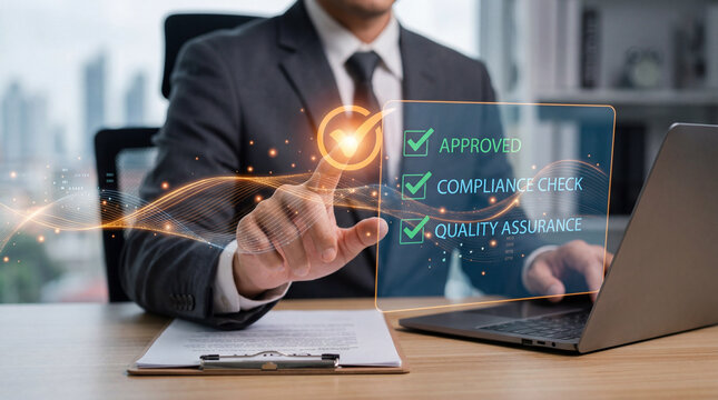 Elegant businessman completing digital checklist with magnifying glass for quality control and efficient project management in modern office setting