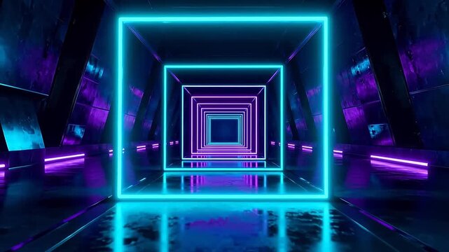 Neonlit geometric tunnel with glowing lines